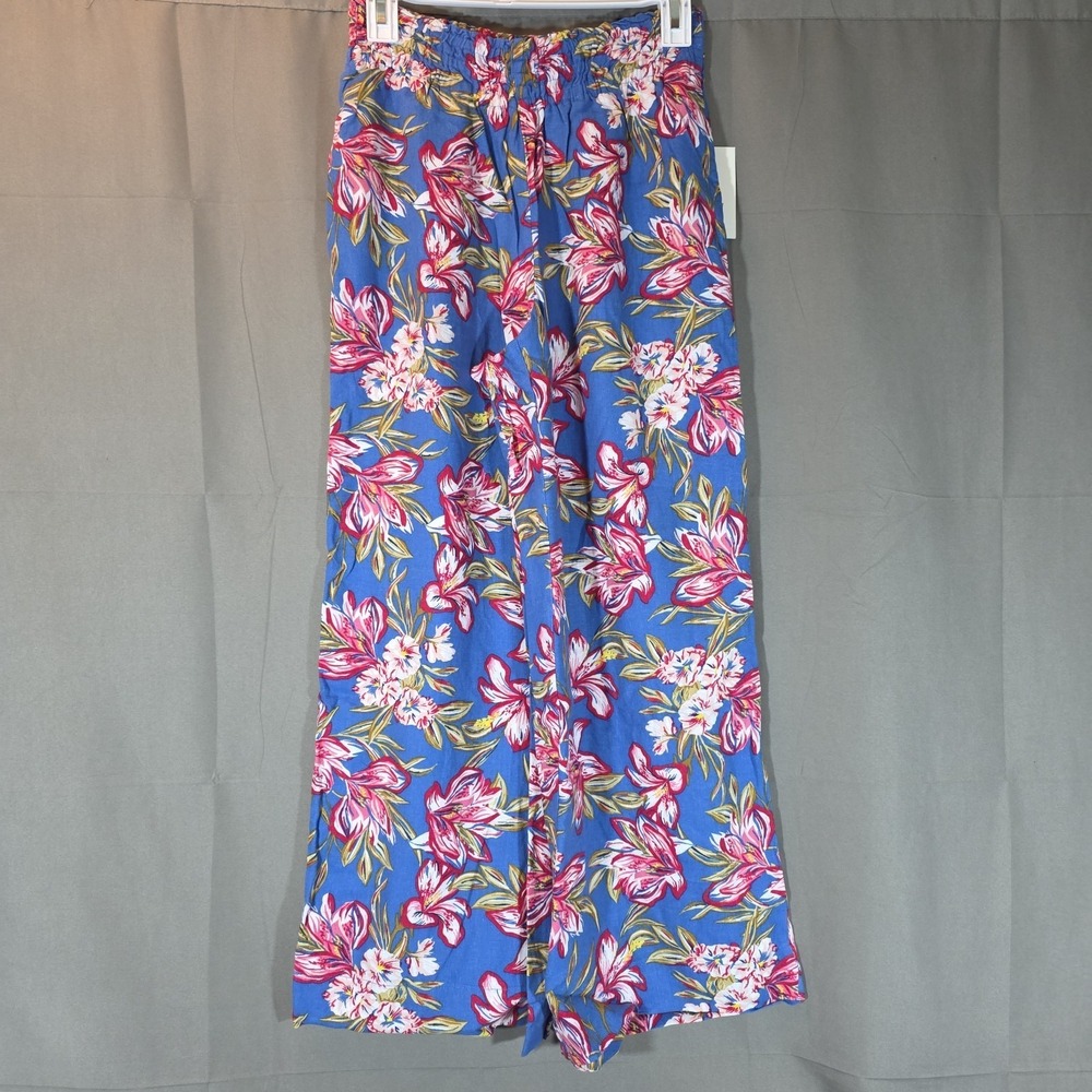 Women Linen Wide Leg PullOn Pants A New Day Blue Pink Floral Design Size S Short